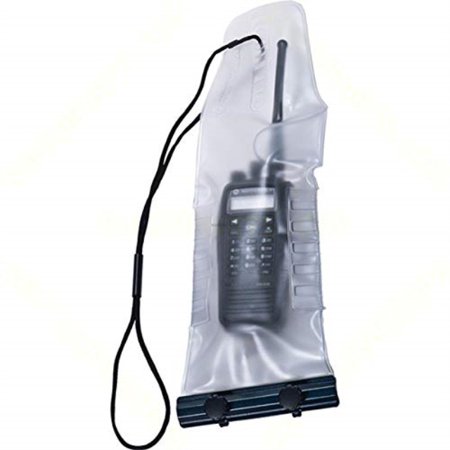 Transparent waterproof bag designed for Motorola devices, featuring a black adjustable strap, secure closure, and a visible two-way radio inside.