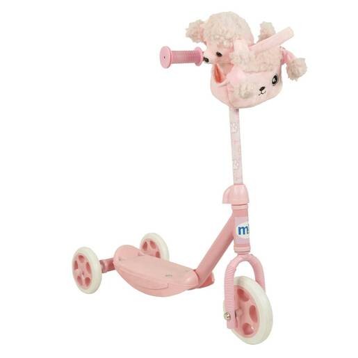 Pink tri scooter featuring a plush pet attachment on the handlebar, with soft fur and cute facial details, and three white wheels for stability.