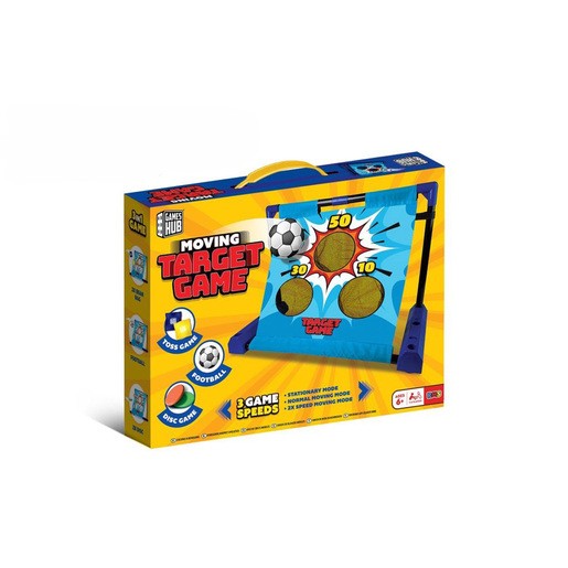 Colorful box for the "Moving Target Game" featuring a blue target with numbered scoring zones, a soccer ball graphic, and icons for different game modes and speeds.