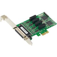 Green Moxa 4-port RS422/485 PCIe card with black components and gold connectors.