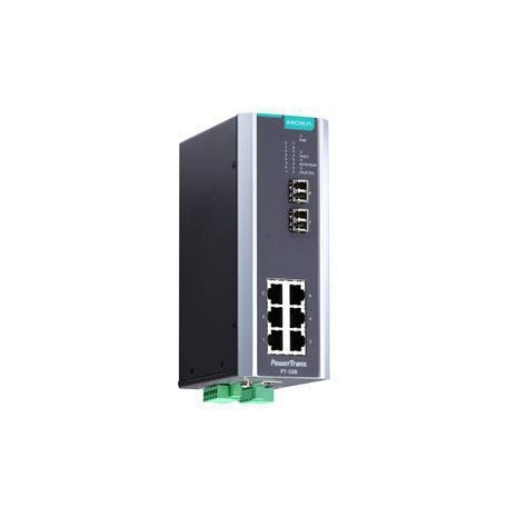 Moxa P-508-SS-LC-HV is a compact, metal, gray and black industrial Ethernet switch with eight Ethernet ports and two SFP slots, designed for robust network connectivity.