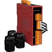 Red Moxa PM-3133-100 CR power meter with orange terminal blocks and black current transformers.
