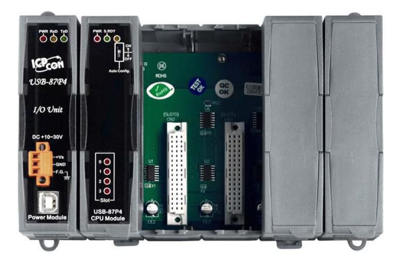 Moxa US-87P4-G CR features a gray plastic casing with multiple LED indicators, USB ports, and a circuit board with various connectors and slots for I/O modules.