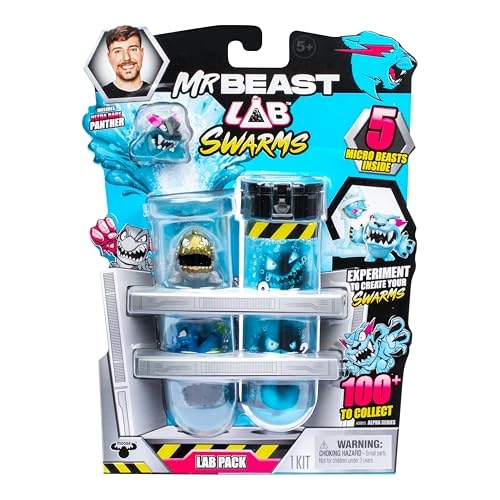 Colorful packaging featuring MrBeast's face, includes five clear containers with blue liquid and micro beasts, showcasing vibrant graphics of monsters and a warning label.