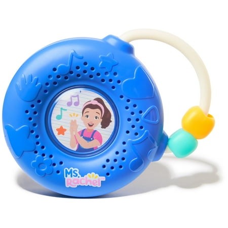 Bright blue electronic song player featuring a colorful handle, a central image of Ms. Rachel, and various musical note and handprint designs.
