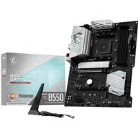 MSI B550 GAMING WIFI motherboard, black with silver heatsinks, ATX form, includes WiFi antenna and packaging box.