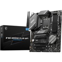 MSI B760 GAMING PLUS WIFI motherboard, black with heatsinks, LGA 1700 socket, ATX form, dual antennas, box included.