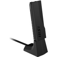 Black MSI BE6500 WiFi7 USB stick with vertical stand, sleek design, and MSI logo on side.
