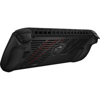Black MSI CLAW 7 AI+ portable game console, 7-inch touchscreen, vented back design, ergonomic grips, Wi-Fi enabled.
