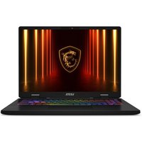MSI Crosshair 16 HX AI D2XW laptop, black with RGB keyboard, Intel Core Ultra 7, dragon logo on screen.