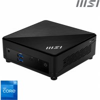 Black MSI Cubi 5 mini computer with sleek design, Intel Core i7 logo, USB ports, and MSI branding on top.