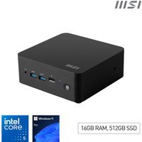 Black MSI Cubi NUC 1M mini desktop PC with Intel Core 5, compact design, front USB ports, and power button.