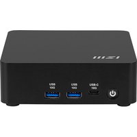 Black MSI Cubi NUC AI mini desktop with USB ports, power button, compact design, and MSI logo on top.