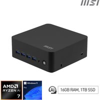 Black MSI Cubi Z AI 8M mini desktop PC with AMD Ryzen 7, compact design, multiple USB ports, and power button.