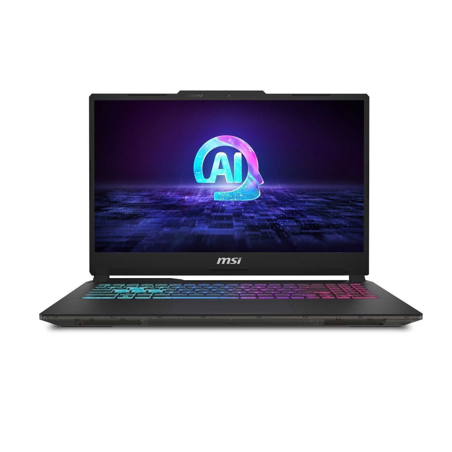MSI Cyborg 15 laptop features a sleek black design, a 15.6" Full HD display, RGB backlit keyboard, and is equipped with Intel Core Ultra 7, 16 GB DDR5 RAM, and NVIDIA GeForce RTX 4050.