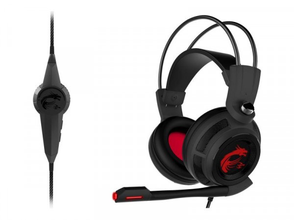 Black MSI DS502 gaming headset featuring a red ambient dragon logo, 40mm drivers, wired USB connector, and an inline smart audio controller with a flexible microphone.