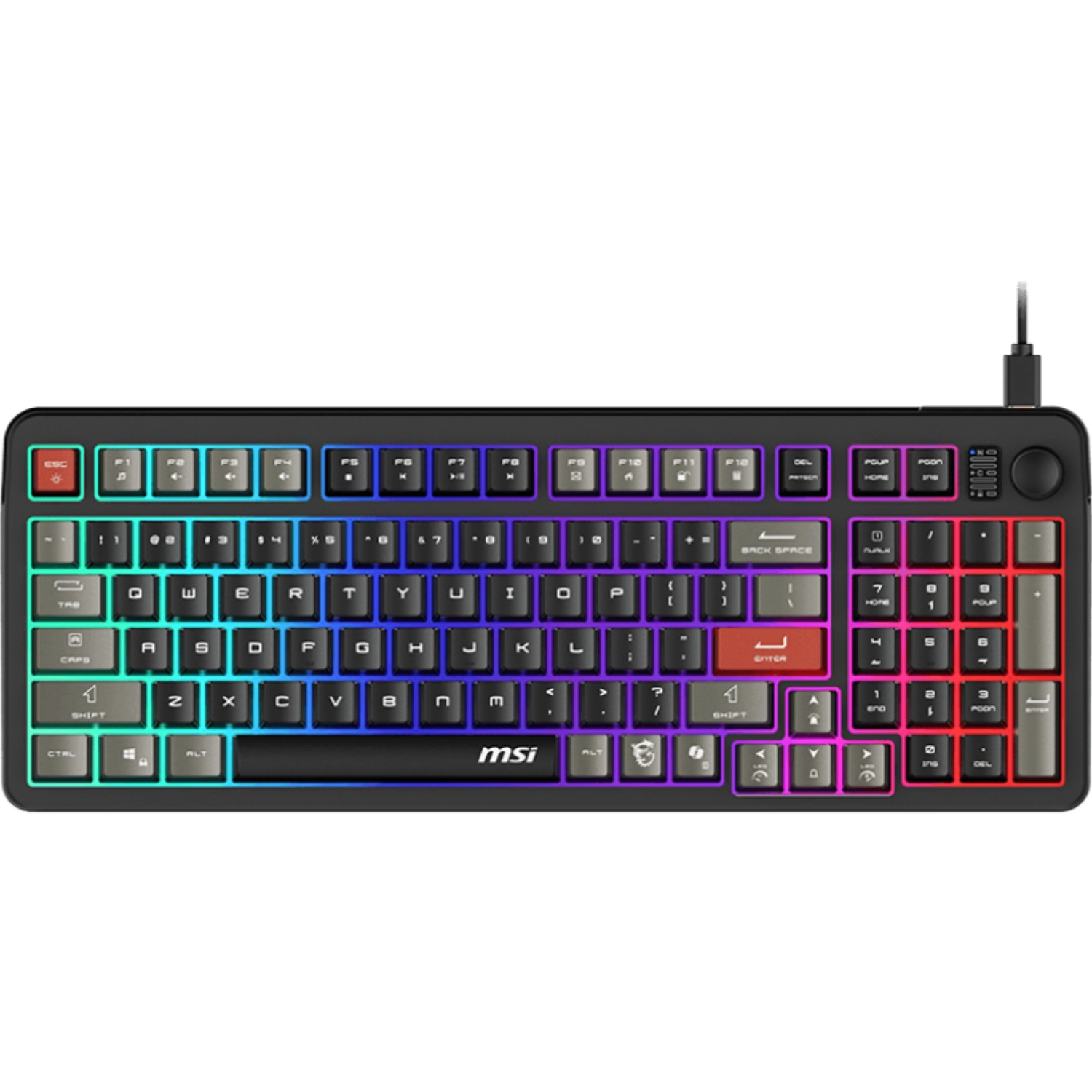 Black wired gaming keyboard with customizable RGB backlighting, featuring a compact layout, multimedia keys, and a sleek design by MSI.