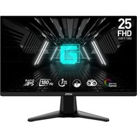 Black MSI G255F 24.5" Full HD LCD monitor with thin bezels, sleek stand, and vibrant display showing futuristic graphics.