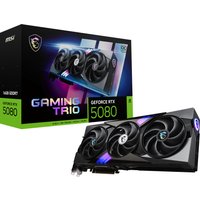 MSI Gaming GeForce RTX 5080 graphics card with triple fans, RGB lighting, and 16 GB GDDR6, next to its box.