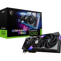 MSI GAMING GeForce RTX5090 TRIO OC 32GB graphics card with triple fans and RGB lighting, black with silver accents.