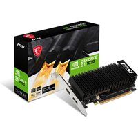 MSI GeForce GT 1030 graphics card with black heatsink, HDMI and DVI ports, next to branded packaging.