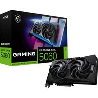 MSI GeForce RTX 5060 graphics card with dual fans, black casing, and box featuring product image and branding.