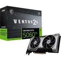 MSI GeForce RTX 5060 Ti graphics card with dual fans, black and silver design, next to branded packaging.