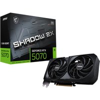 MSI GeForce RTX 5070 graphics card, dual fans, black casing, with packaging showing SHADOW 2X branding.