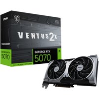 MSI GeForce RTX 5070 graphics card with dual fans, black and silver design, next to branded packaging.