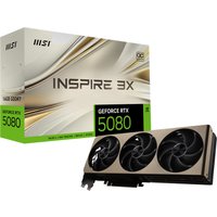 MSI GEFORCE RTX 5080 graphics card with triple fan design, black and silver accents, next to branded packaging.