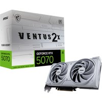 White MSI GeForce RTX5070 VENTUS 2X OC graphics card with dual fans and sleek design, next to branded box.