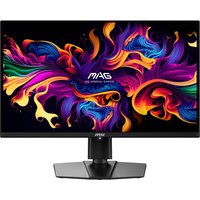 MSI MAG 271QPX QD-OLED monitor, 26.5", 2560x1440, black frame, vibrant abstract display, sturdy black stand.
