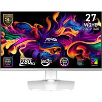 White MSI MAG 272QPW QD-OLED monitor, 26.5", 2560x1440, vibrant display, sleek stand, gaming features highlighted.