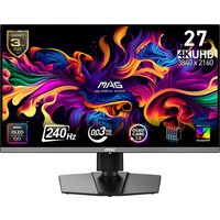 Black MSI MAG 272UP QD-OLED monitor, 26.5", 4K Ultra HD, vibrant display, thin bezels, sturdy stand.