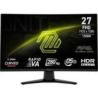 Curved MSI MAG 274CXF monitor, 27-inch, 1920x1080 resolution, black with sleek stand and vibrant display graphics.