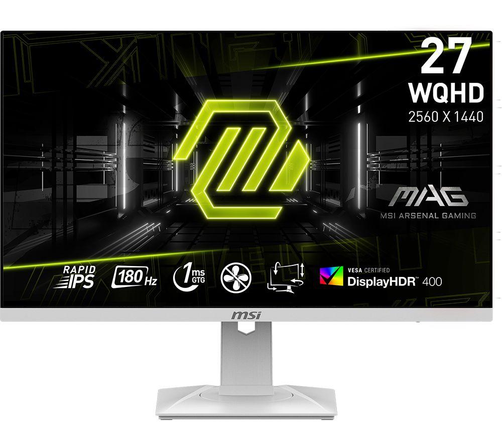 27-inch MSI MAG 274QRFW monitor features a sleek white design, 2560 x 1440 resolution, rapid IPS technology, 180 Hz refresh rate, and DisplayHDR 400 certification.