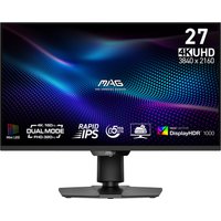Black MSI MAG 274UPDF 27" 4K Ultra HD monitor with slim bezels, LED display, and sturdy rectangular stand.