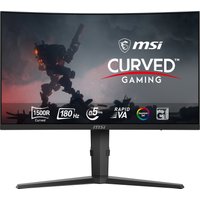 Curved black MSI MAG 275CQRF QD E2 monitor, 27-inch, 2560x1440 pixels, with sleek stand and gaming graphics on screen.