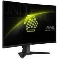 Curved black MSI MAG 27CQ6F monitor, 27-inch Quad HD LCD, sleek stand, thin bezels, glowing MSI logo on screen.