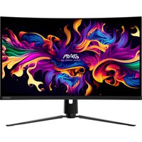 Curved MSI MAG 321CUP QD-OLED monitor, 31.5", 3840x2160, with vibrant colorful display and sleek black stand.