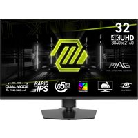 MSI MAG 322URDF E16 monitor, 31.5" 4K Ultra HD, black frame, sleek design, vibrant display with logo and specs on screen.
