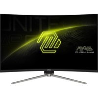 Curved MSI MAG 325CQRXF monitor, 31.5", 2560x1440 resolution, sleek black design, silver stand.