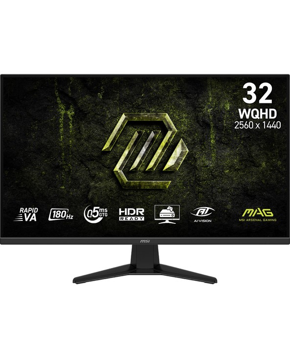 MSI MAG 325QF E18V monitor features a 31.5-inch display with 2560 x 1440 resolution, a sleek black frame, and a stand, showcasing a green and black gaming-themed background.