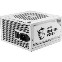 White MSI MAG A850GL PCIE5 power supply unit with dragon logo, 850 W, 20+4 pin ATX connector, vented sides.