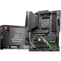 MSI MAG B550 TOMAHAWK MAX WIFI motherboard, black with heatsinks, RGB lighting, and PCIe slots, next to its box.