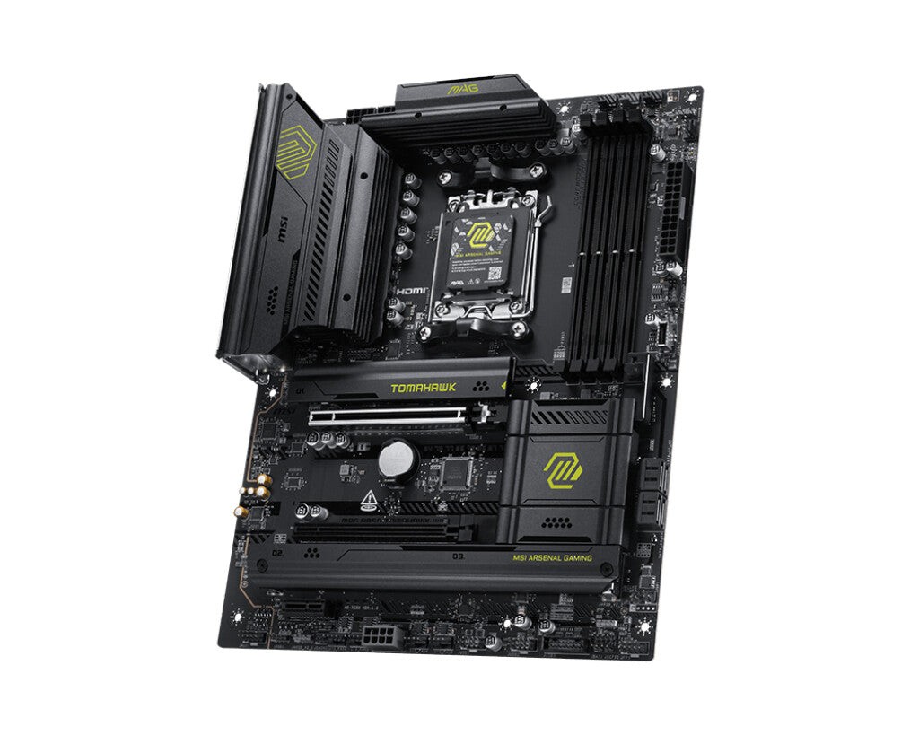Black ATX motherboard with green accents, featuring an AMD B850 socket, multiple PCIe slots, and cooling heatsinks, designed for gaming and high-performance builds.