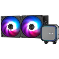 Black MSI liquid cooler with dual 12 cm RGB fans and square pump head, designed for motherboards and processors.