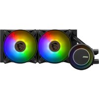 MSI MAG Coreliquid E240 cooling kit, dual 12 cm RGB fans, black radiator, circular pump with MSI logo.