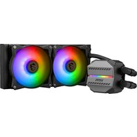 MSI MAG Coreliquid M240 black liquid cooler with dual 12 cm RGB fans and sleek pump head design.