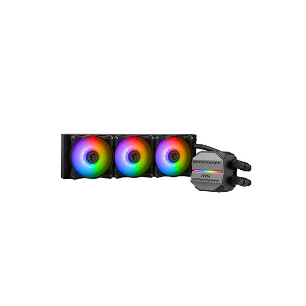 Black MSI MAG Coreliquid P360 all-in-one liquid cooler featuring three RGB fans and a sleek pump design, ideal for efficient cooling in computer builds.